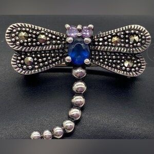 Vintage Sterling Silver Dragonfly Brooch Sapphire, Amethyst & Marcasite Accents